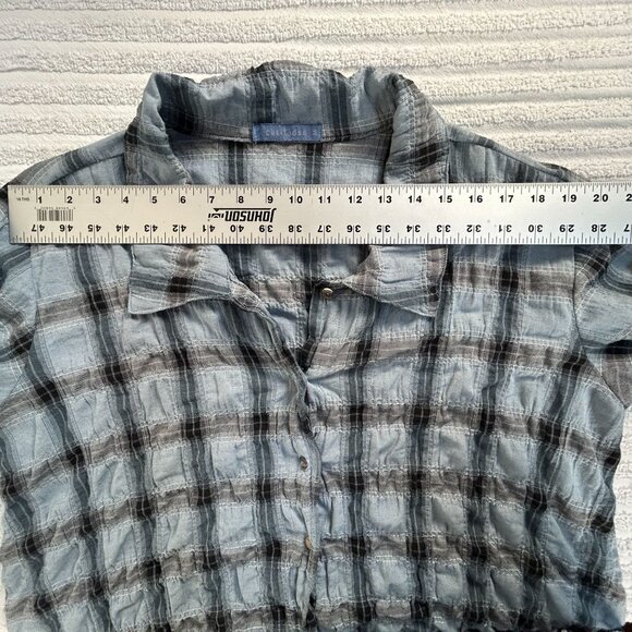 Cut Loose Womens Plaid Crinkle Button-Up Shirt Medium Blue & Gray Linen Blend - Picture 5 of 7